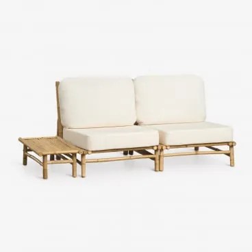 Conjunto De Jardim Com Sofá Modular De 2 Peças E Mesa Auxiliar Lateral Retangular 75x40 Cm Em Bambu Isendra Tecido Branco - Sklum
