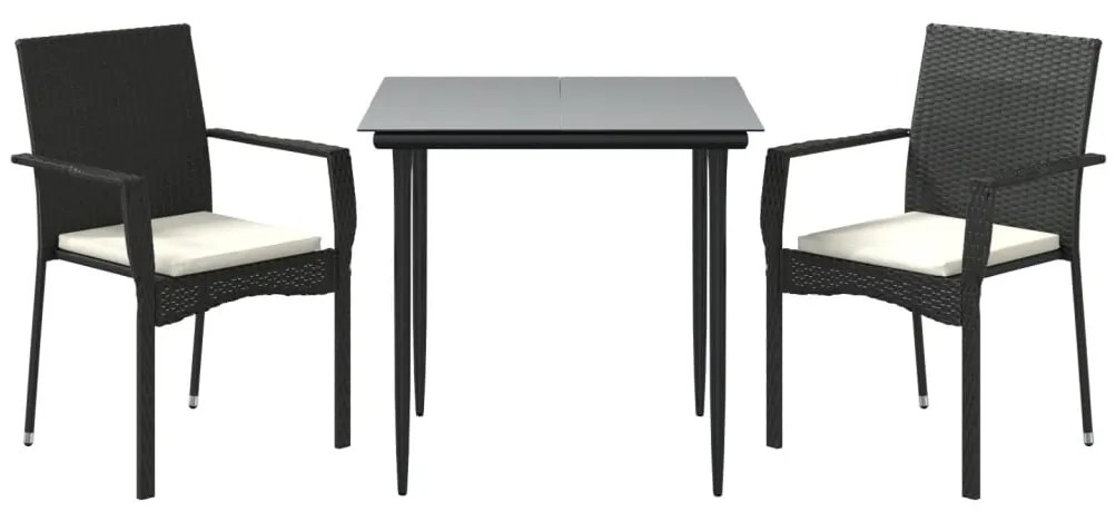 3 pcs conjunto de jantar p/ jardim c/ almofadões vime PE preto