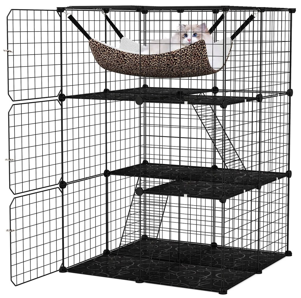 Cercado grande para gatos de 4 andares com escadas de rede confortáveis ​​e portas - Preto