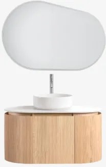 Conjunto De Móvel De Casa De Banho Suspenso 90x50 Cm Em Madeira Carsone Madeira Natural & Sem Unidade Auxiliar & Cerâmica Redonda Branca Ø40 Cm Lenka