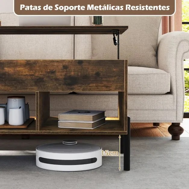 Mesa de centro 100 x 50 x 45 cm elevável com tampo ajustável, amplo compartimento oculto e 3 espaços abertos, com pés em metal Café