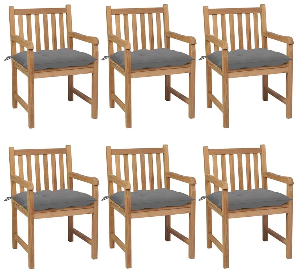 Cadeiras de jardim c/ almofadões cinzentos 6 pcs teca maciça