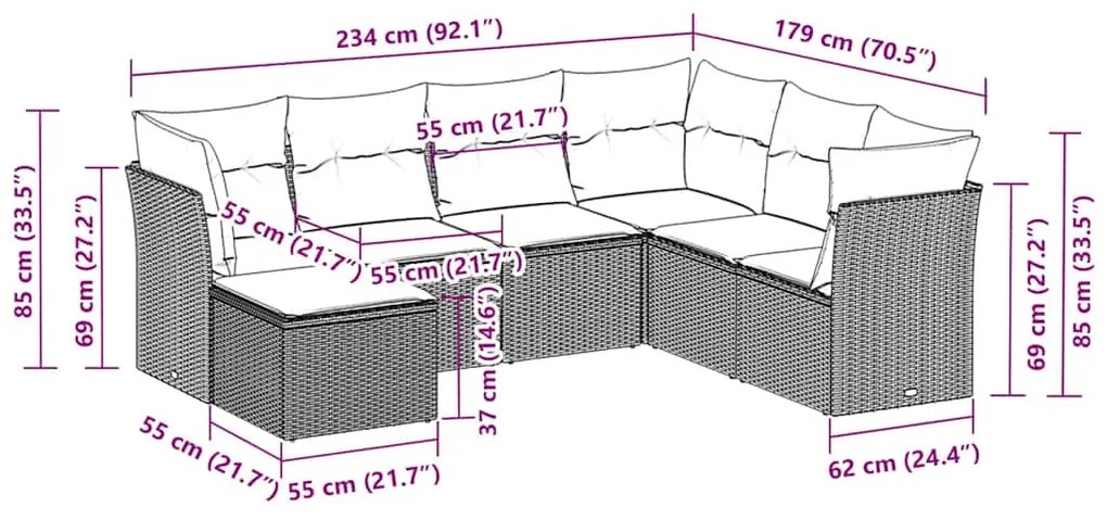 7 pcs conj. sofás jardim com almofadões vime PE cinzento-claro