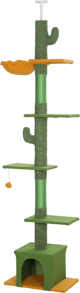 Arranhador para gatos, altura 275 cm, 6 níveis para gatos de interior, do chão ao teto, com plataformas, compartimentos abertos, casinha, rede, verde