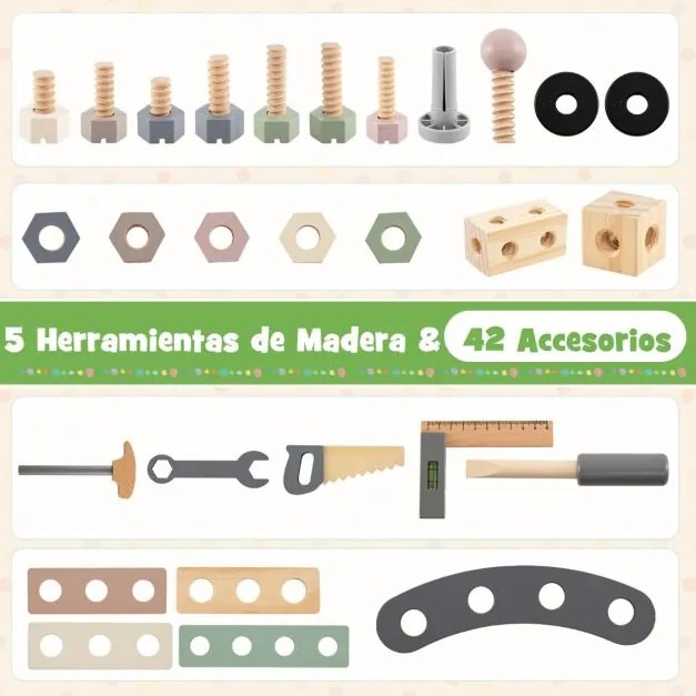 Bancada de ferramentas 2 em 1 de madeira para crianças 75 x 30 x 84,5 cm com acessórios realistas, para maiores de 3 anos Madeira