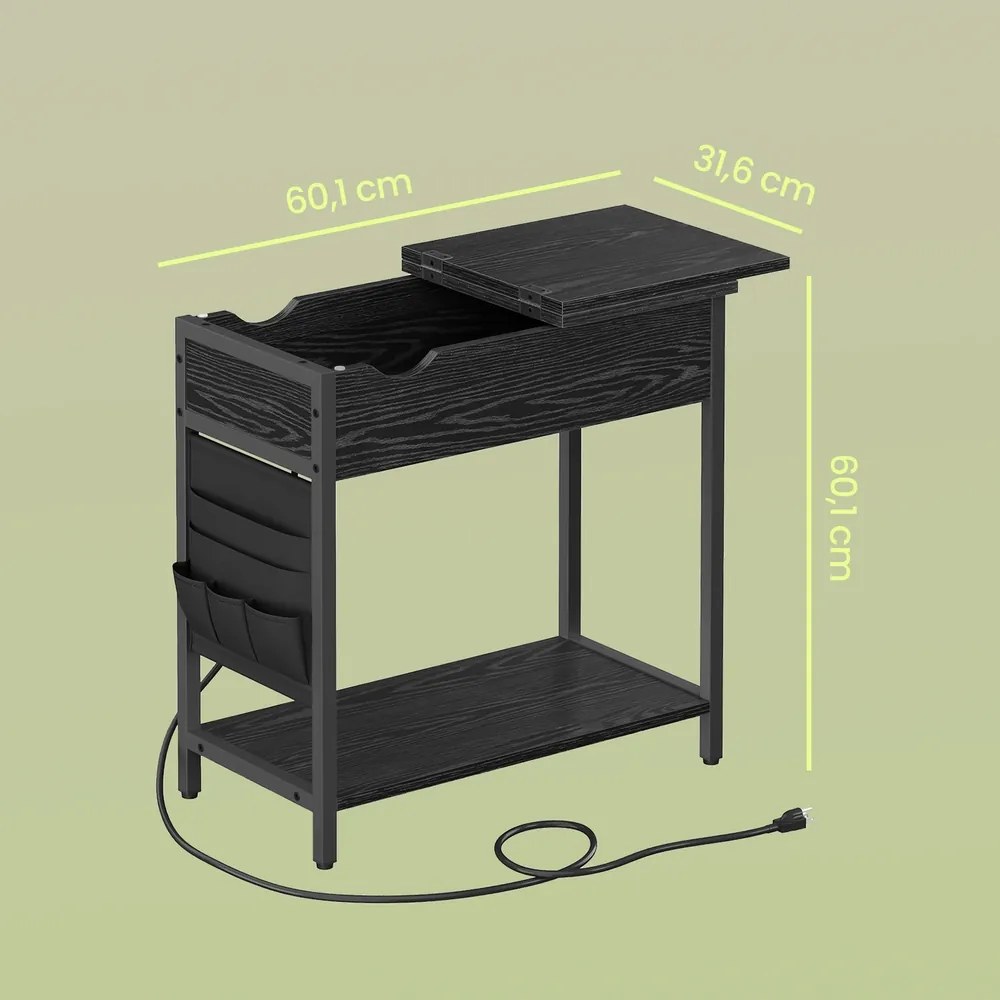 Mesa de apoio, mesa de cabeçeira 60 x 31,5 x 60 cm com tomadas e portas USB preta