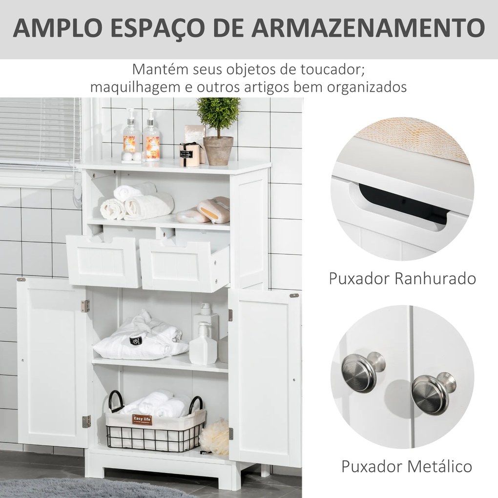 Armário de Casa de Banho com 2 Portas Prateleira Ajustável 2 Gavetas e Compartimento Aberto Móvel Auxiliar de Armazenamento para Sala de Estar Cozinha