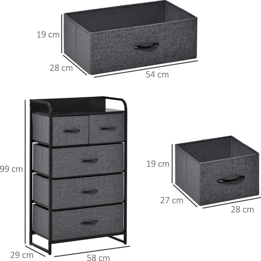 Cómoda de Arrumação, 58 x 29 x 99 cm, 5 Gavetas Dobráveis em Tecido, Cinzento