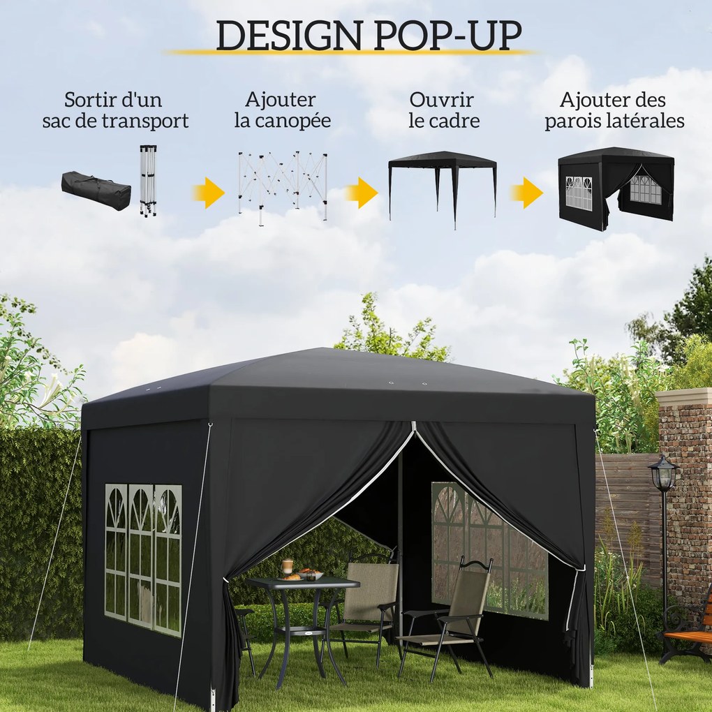Tenda de recepção 3 x 3 m dobrável tipo barnum pop-up, com 4 paredes removíveis + saco de transporte preto