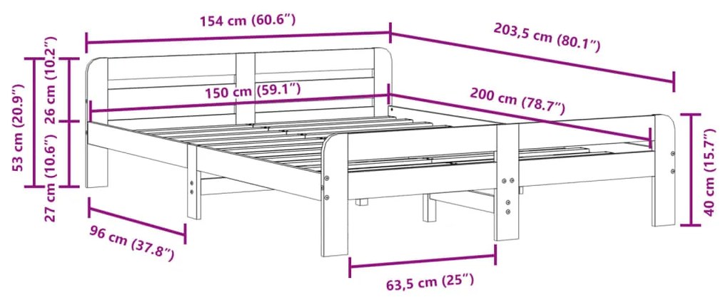 Cama sem colchão 150x200 cm madeira de pinho maciça branco