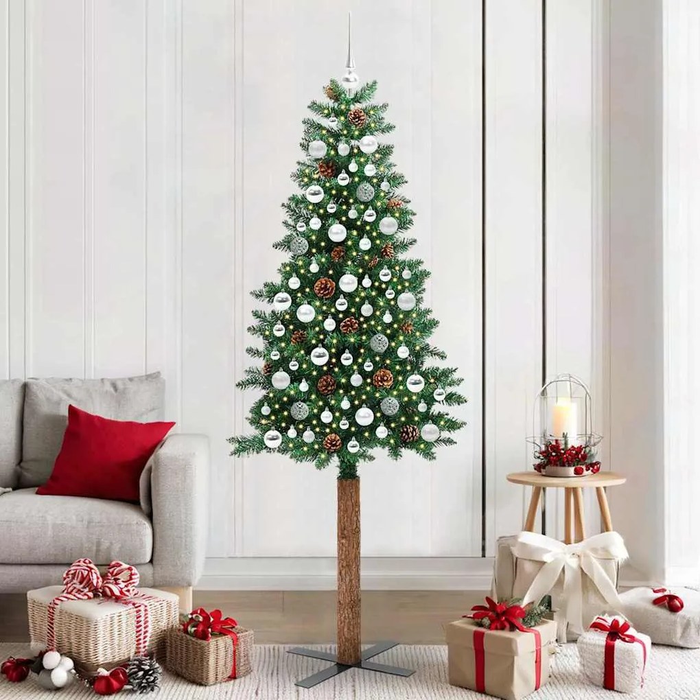 vidaXL Árvore de Natal Slim com 300 LEDs com suporte Verde 210 cm