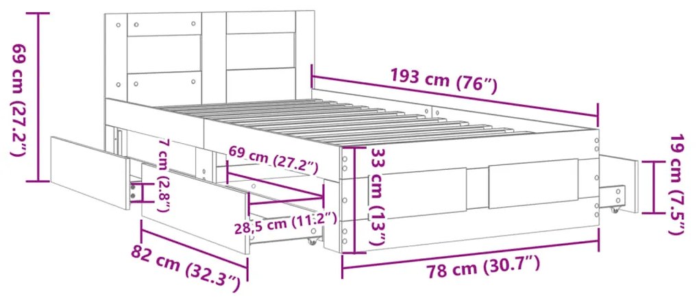 Estrutura cama cabeceira 75x190 cm derivados de madeira preto