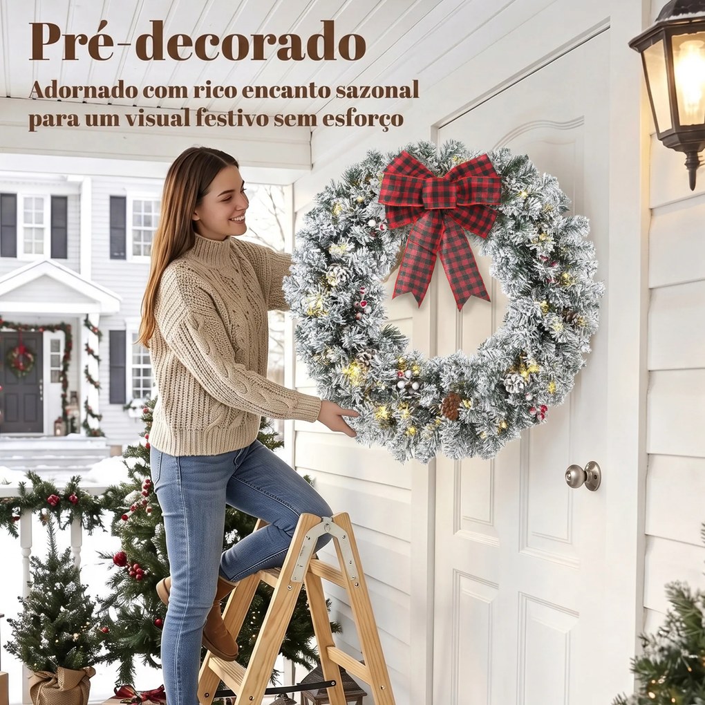 Coroa de Natal para Porta com Efeito Nevado, 50 Luzes LED, Pinhas, Bagas e Laço Festivo para Lareira, Parede ou Janela