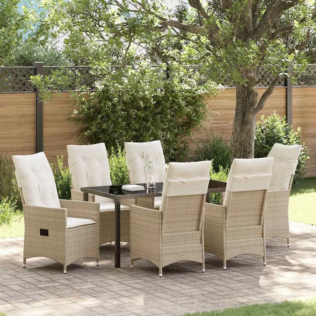 vidaXL Conjunto de Jantar de Jardim com 7 Peças e Almofadas, Bege Rattan