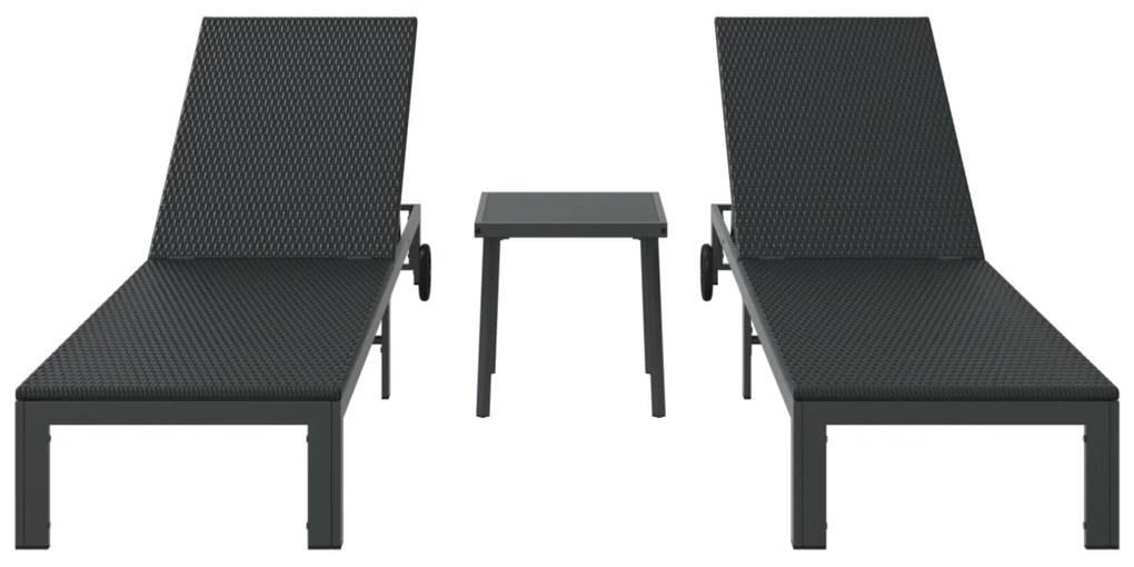 Espreguiçadeiras 2 pcs com Rodas e Mesa em Rattan Preto