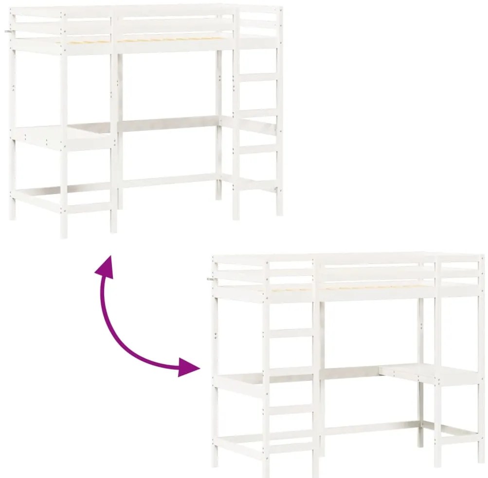 Cama alta com secretária 90x190 cm pinho maciço branco