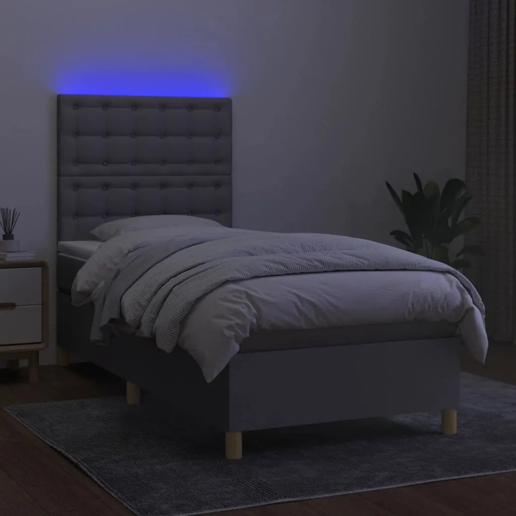 Cama box spring c/ colchão e LED 90x200 cm tecido cinza-claro