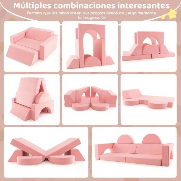 Conjunto de sofá modular de 8 peças para crianças com mais de 12 meses com cobertura amovível crianças Rosa