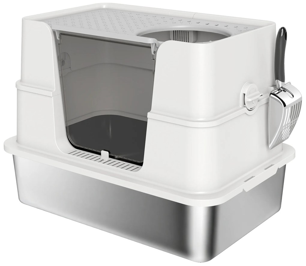 PawHut Caixa de Areia para Gatos de Aço Inoxidável XL com Tampa Abatível Entradas Altas Pá Antifugas 60,2x40,2x44,5 cm Cinza Claro | Aosom Portugal