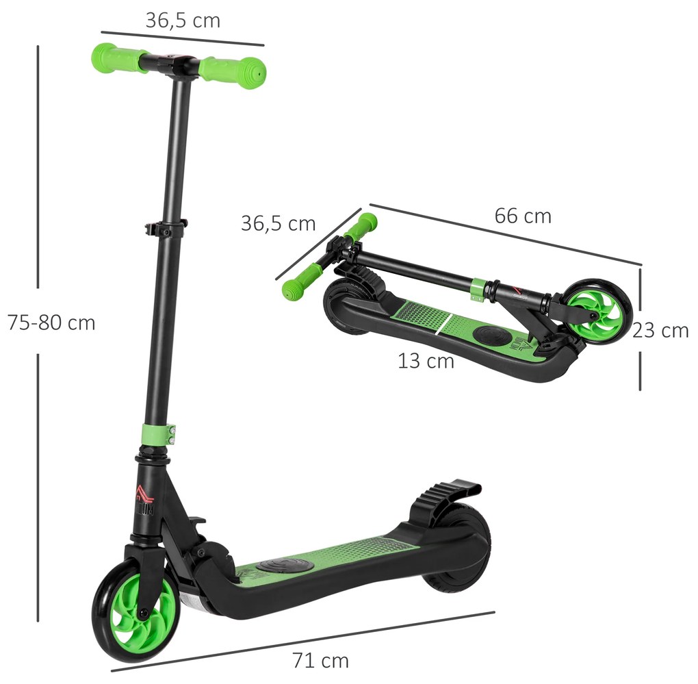 HOMCOM Trotinete Elétrica para Crianças acima de 6 Anos Trotinete Elétrica Dobrável com Altura Ajustável Bateria 24V Velocidade Máxima 8km/h Carga Máxima 50kg 71x36,5x75-80cm Verde