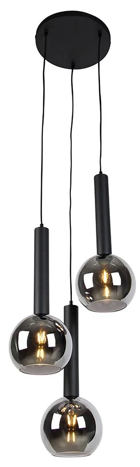 Candeeiro suspenso moderno preto com vidro fumado 3 luzes - Clayton