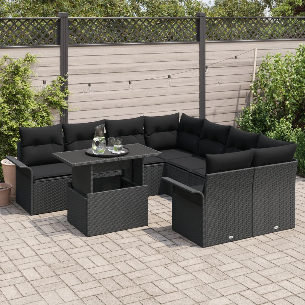 Conjunto de Sofá de Jardim vidaXL com Almofadas Preto Rattan Poliéster