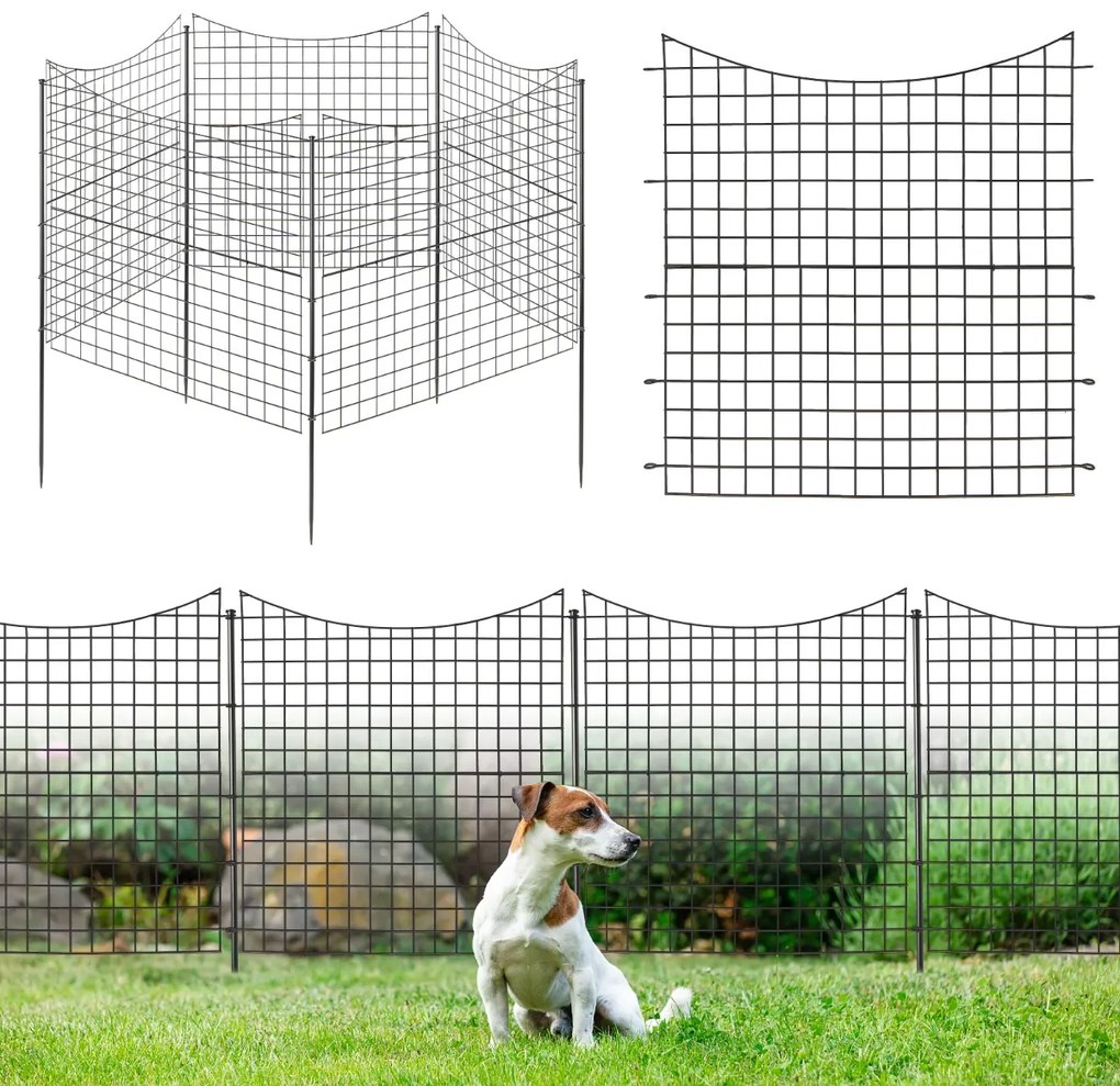 Cerca decorativa jardim com 5 painéis e 6 estacas Barreira exterior com revestimento em pó 87 X 98 cm Preto