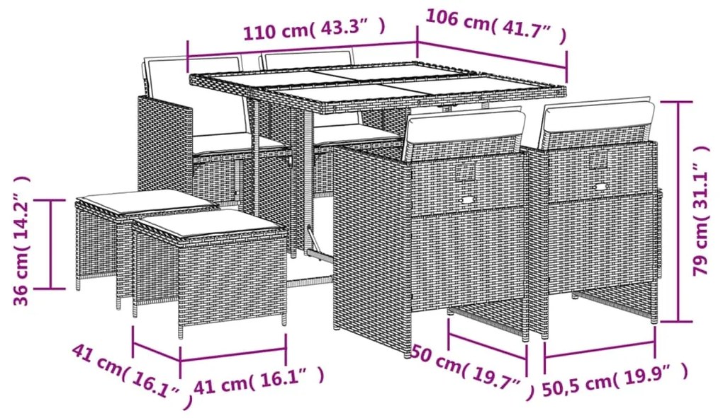 9 pcs conjunto de jantar p/ jardim c/ almofadões vime PE cinza