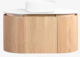 Conjunto De Móvel De Casa De Banho Suspenso 90x50 Cm Em Madeira Carsone Madeira Natural & Sem Unidade Auxiliar & Cerâmica Redonda Riscas Brancas Ø36 C