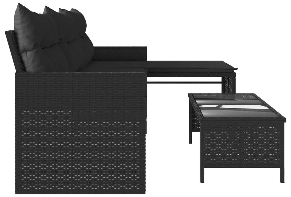 Sofá de jardim em forma de L c/ mesa e almofadões vime PE preto