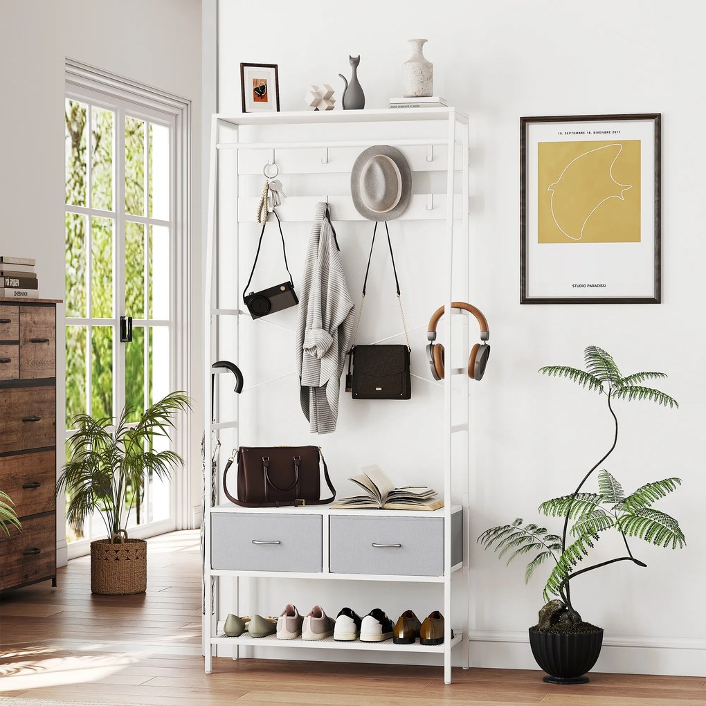 Móvel Cabide de Entrada com Banco Sapateira 8 Ganchos 2 Gavetas de Tecido Barra Prateleira 80x30x180,5 cm Branco e Cinza