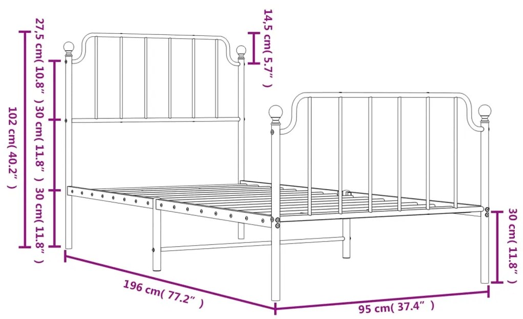 Estrutura de cama com cabeceira e pés 90x190 cm metal branco