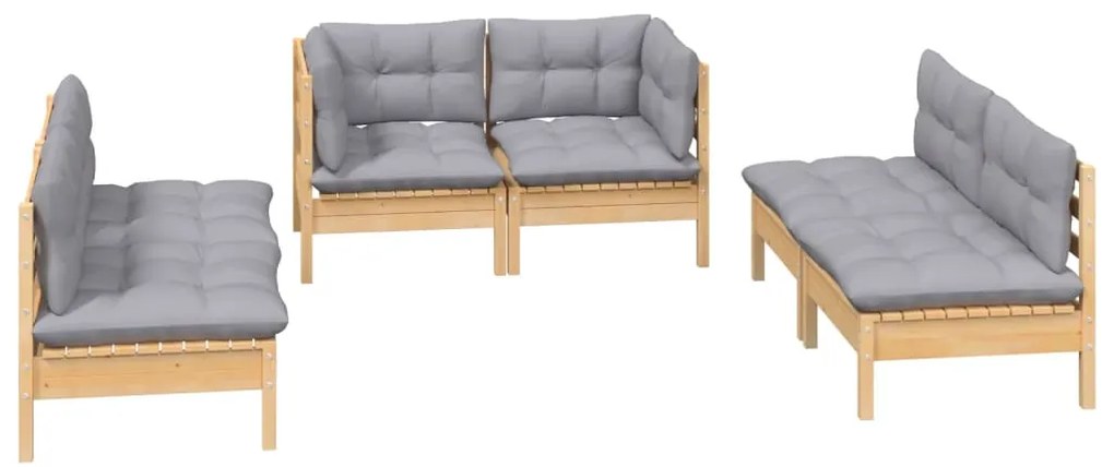 6 pcs conjunto lounge de jardim + almofadões cinza pinho maciço