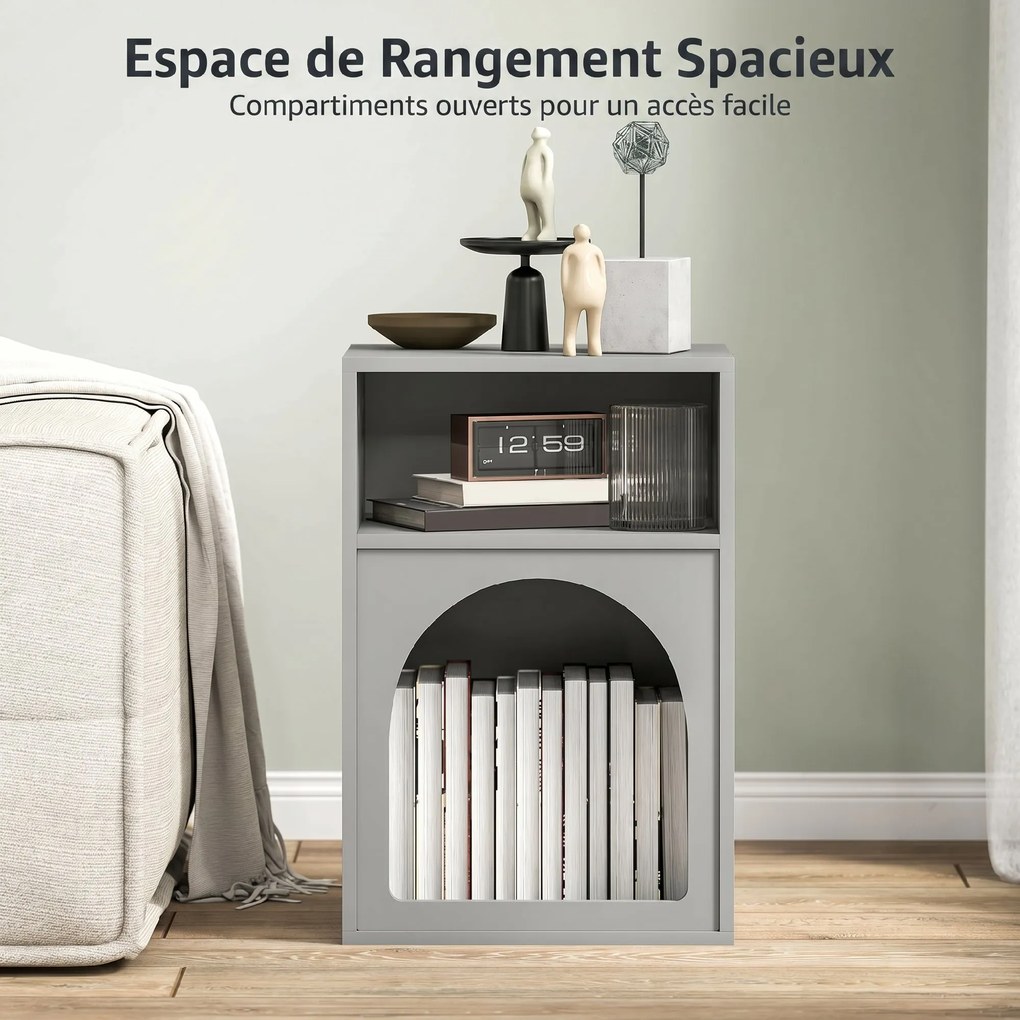 Conjunto de 2 mesas de cabeceira 40 x 30 x 60 cm, com compartimentos abertos, design arqueado, cinzento