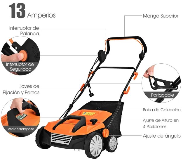 Escarificador elétrico 2 em 1 com cabo de 13 amperes Capacidade do saco de 13 amperes 50L Capacidade do saco ajustável em 4 posições e 2 lâminas amoví