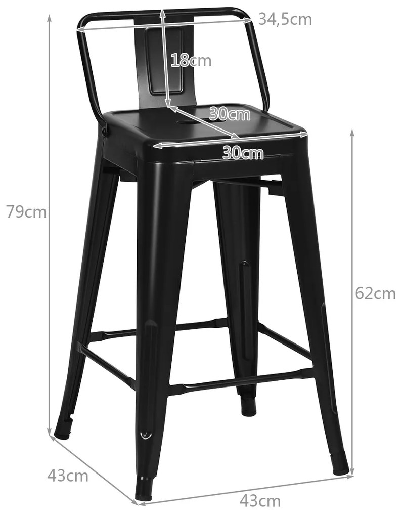 Conjunto de 4 bancos de bar em metal 43 x 43 x 79 cm com encosto removível para cafetaria, cozinha, sala de jantar e exterior Preto