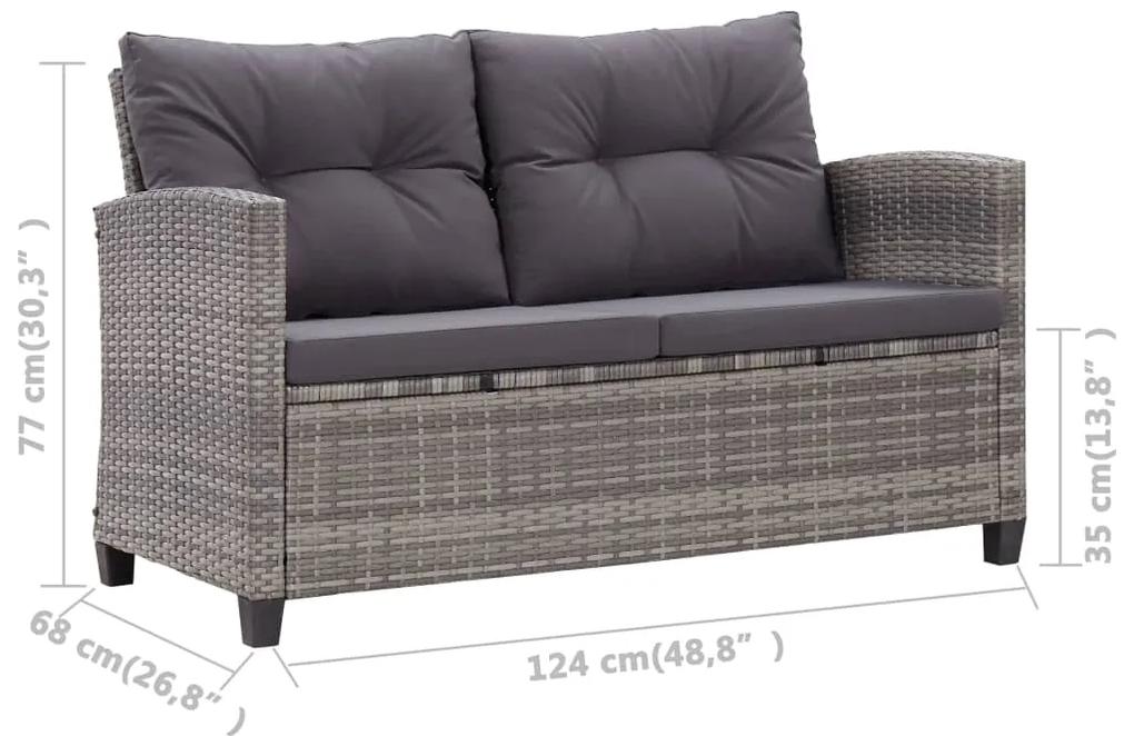 Sofá de jardim 2 lugares com almofadões 124 cm vime PE cinzento