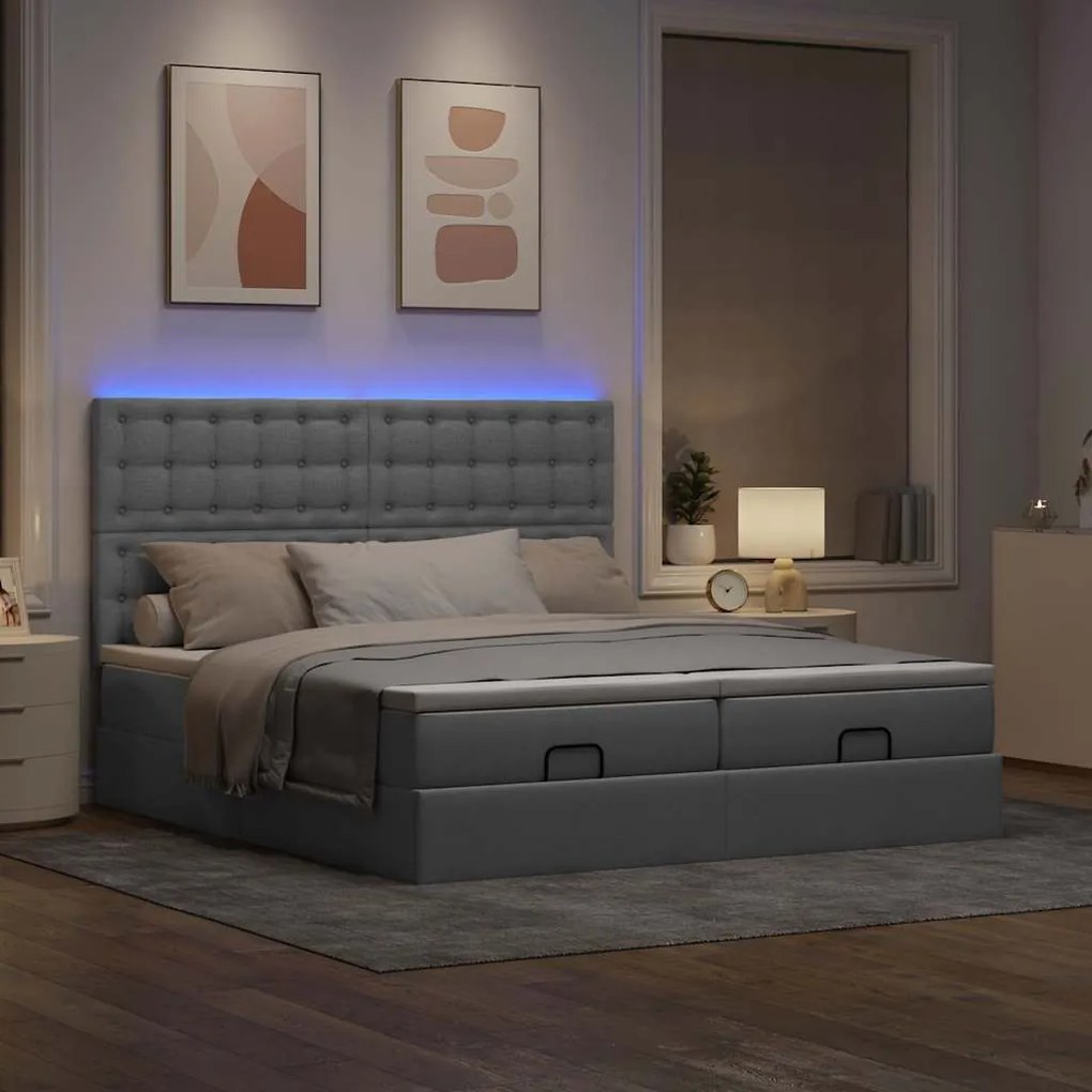 Estrutura de cama otomana com colchões tecido cinzento claro
