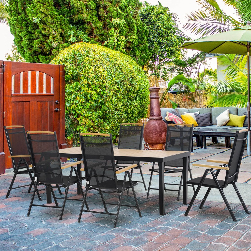 Conjunto de jardim para 6 pessoas, estrutura em alumínio, mesa de 190 cm, 6 cadeiras dobráveis e reclináveis, preto