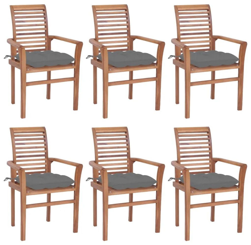 vidaXL Cadeiras de jantar c/ almofadões cinzentos 6 pcs teca maciça