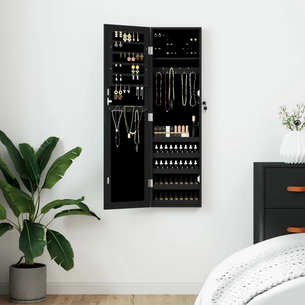 vidaXL Móvel para joias de parede espelhado 30x8,5x106 cm preto