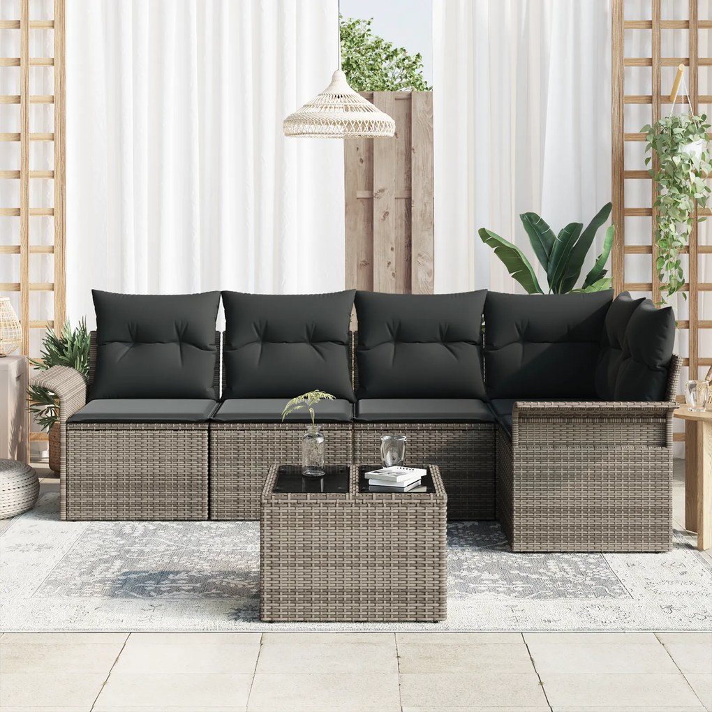 Conjunto de Sofá de Jardim de 5 Peças com Almofadas Preto Rattan Polié