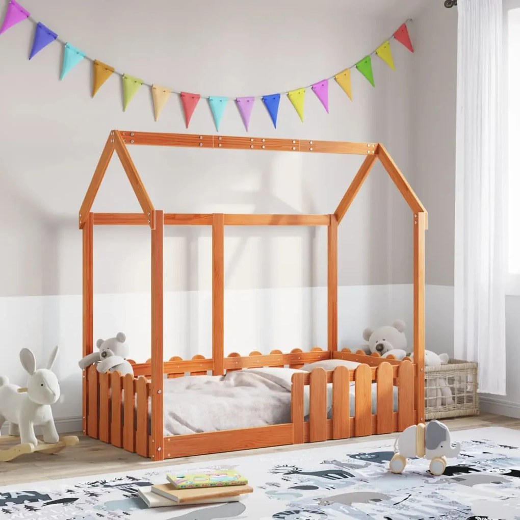 Cama infantil formato casa 70x140 cm pinho maciço castanho-mel