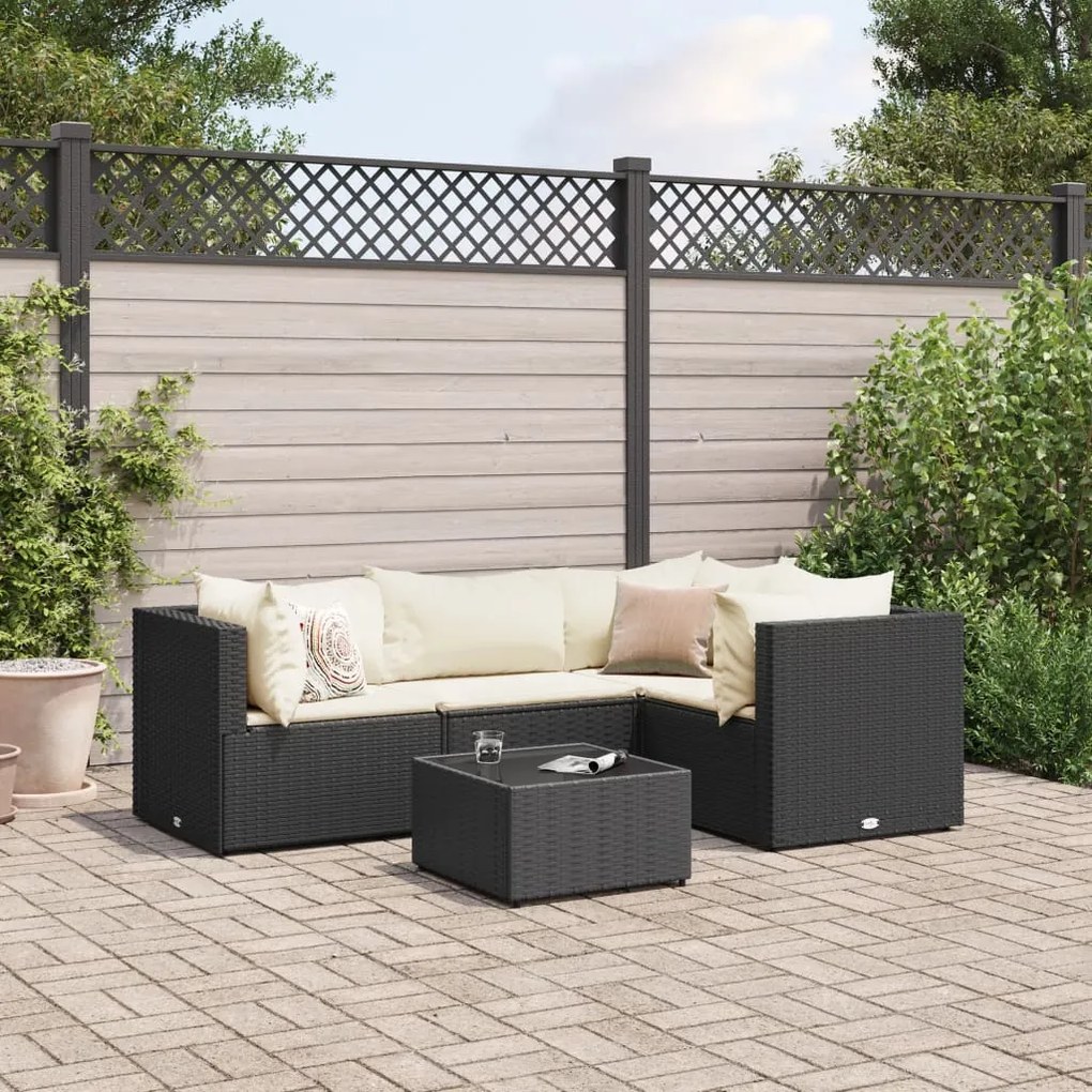 5 pcs conjunto lounge de jardim c/ almofadões vime PE preto