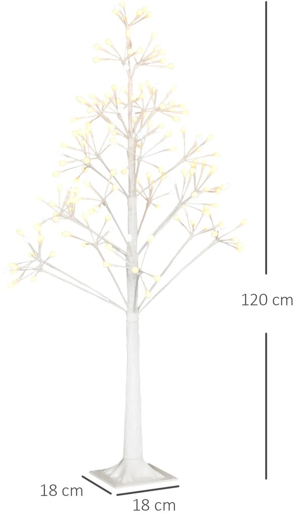 HOMCOM Árvore de Bétula Altura 120cm com 168 Luzes LED IP44 Branco Quente Ramos Flexíveis e Base de Candeeiro Árvore de Decoração de Natal para Festas Aniversários Casamentos 18x18x120cm Branco
