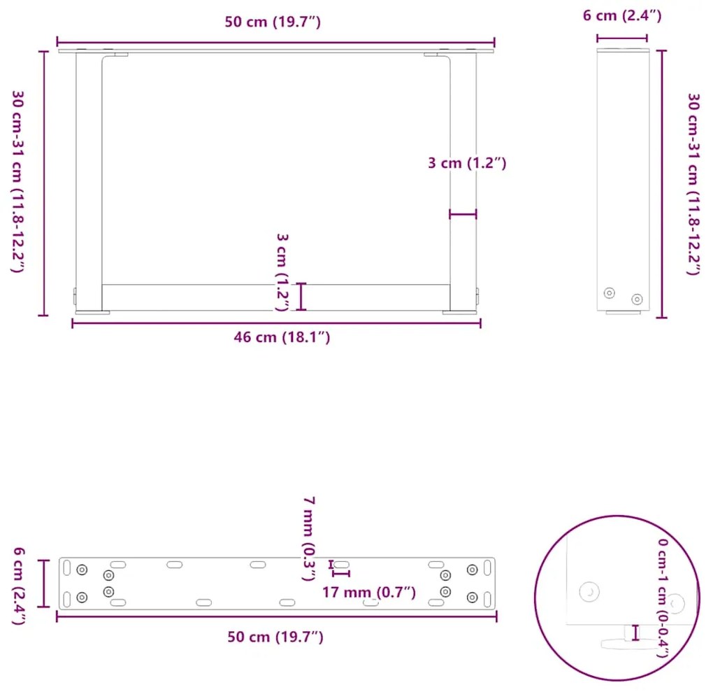 Pés para mesa de centro em formato de U, 2 peças, branco, 50x(30-31) c