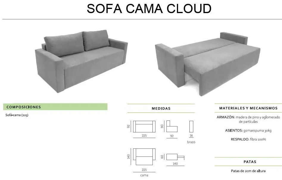 Sofá-cama CLOUD, cinza claro, conversível em cama, baú. Máximo Relaxamento e Conforto - com Sistema Pull-out 225x92x92cm