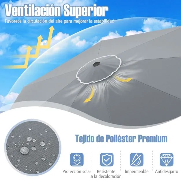 Guarda-sol 300 x 251 cm com manivela, inclinação com botão, ventilação superior e 8 varas para piscina ou praia, cinza