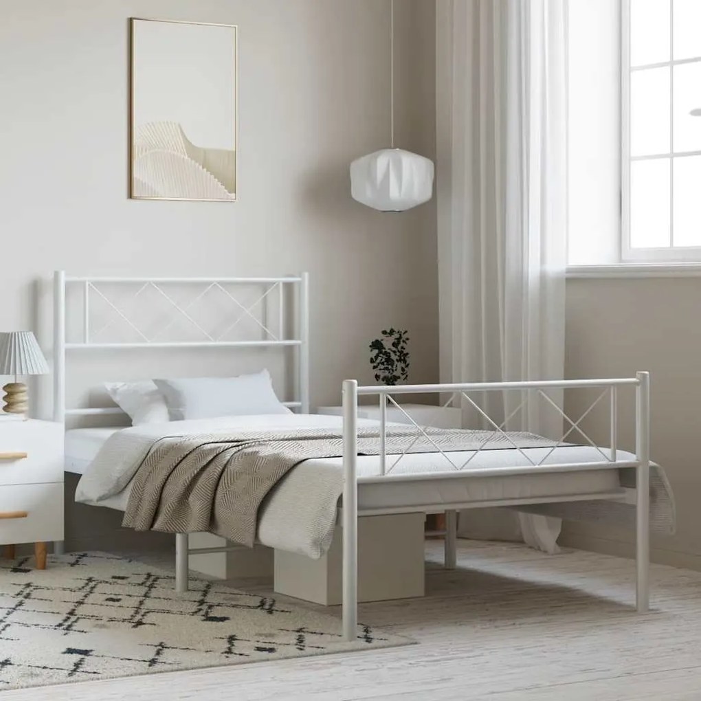 Estrutura de cama com cabeceira e pés 100x190 cm metal branco