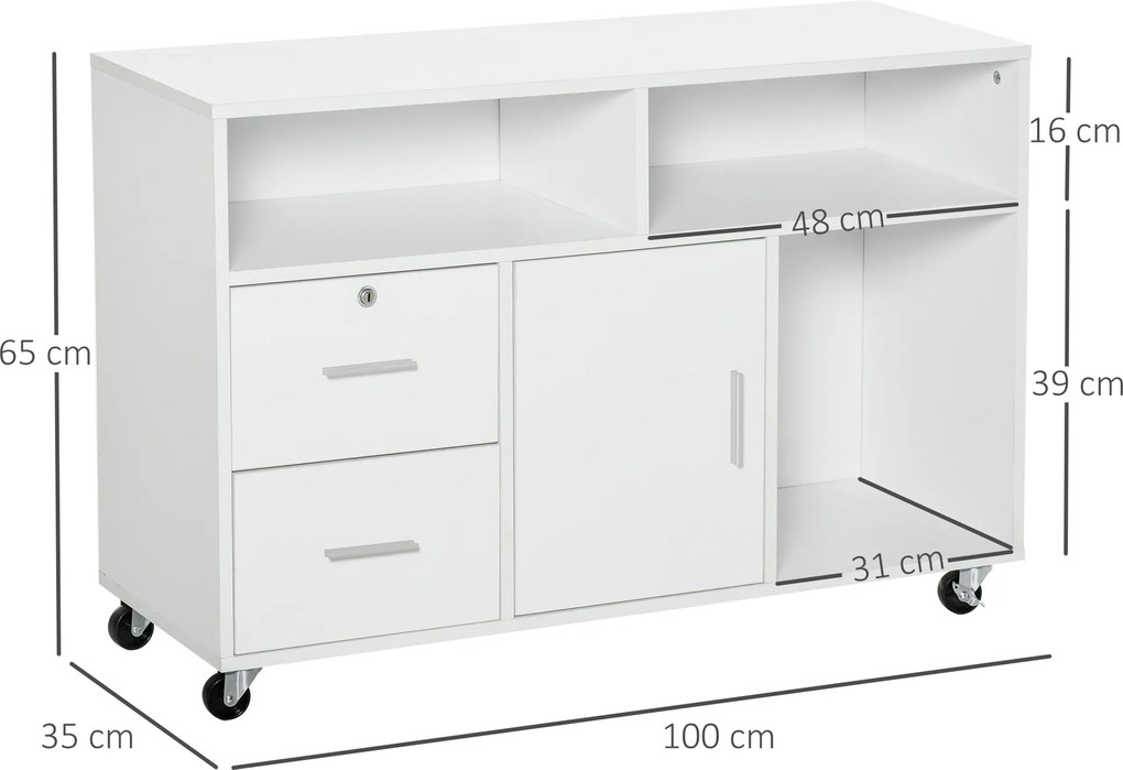Suporte para impressora com 2 gavetas 100 x 35 x 65 cm, móvel de arrumação com rodas, prateleiras abertas e armário, branco